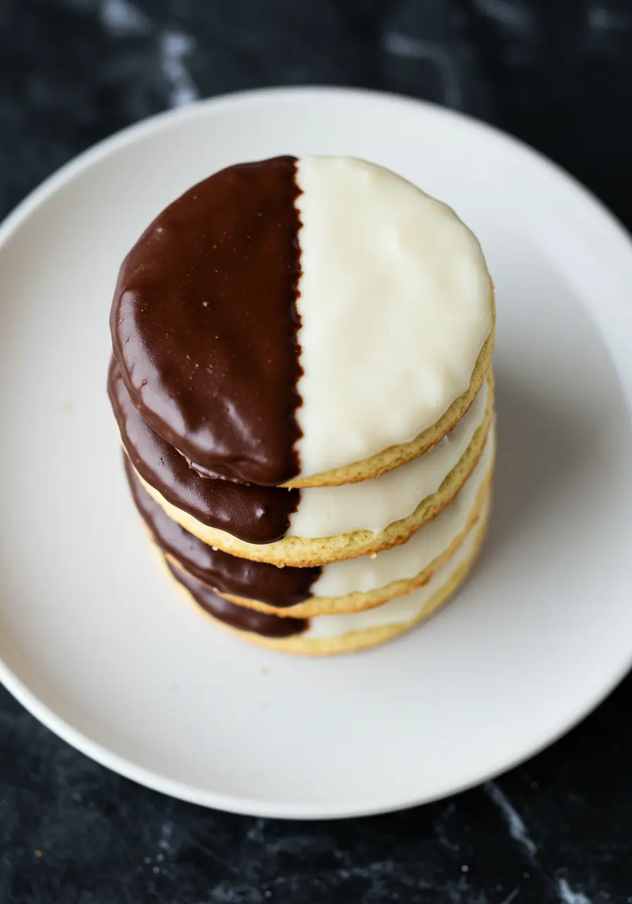 A stack of black and white cookies placed on a white plate.