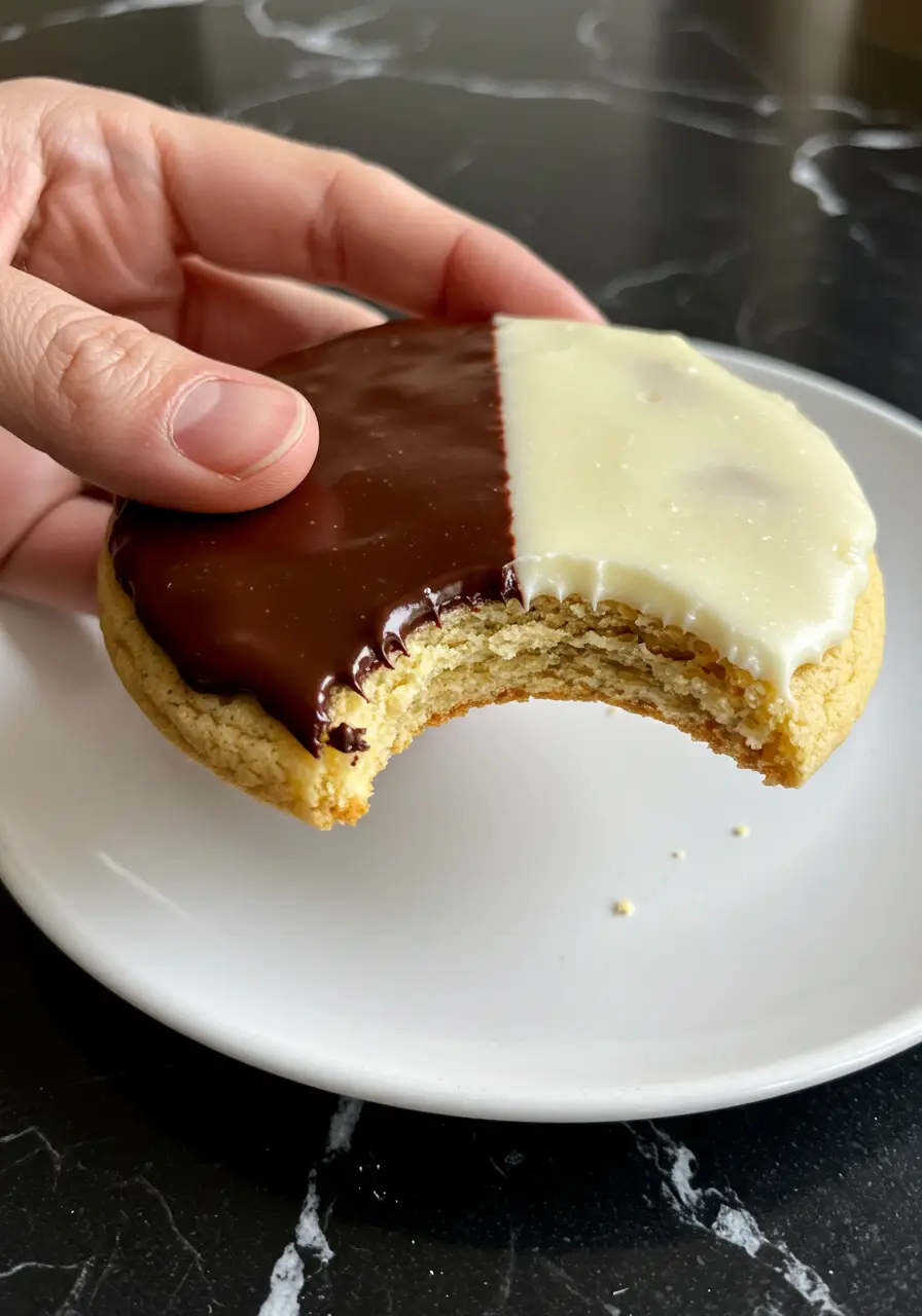 A hand holding one black and white cookie with a bite taken out of it.
