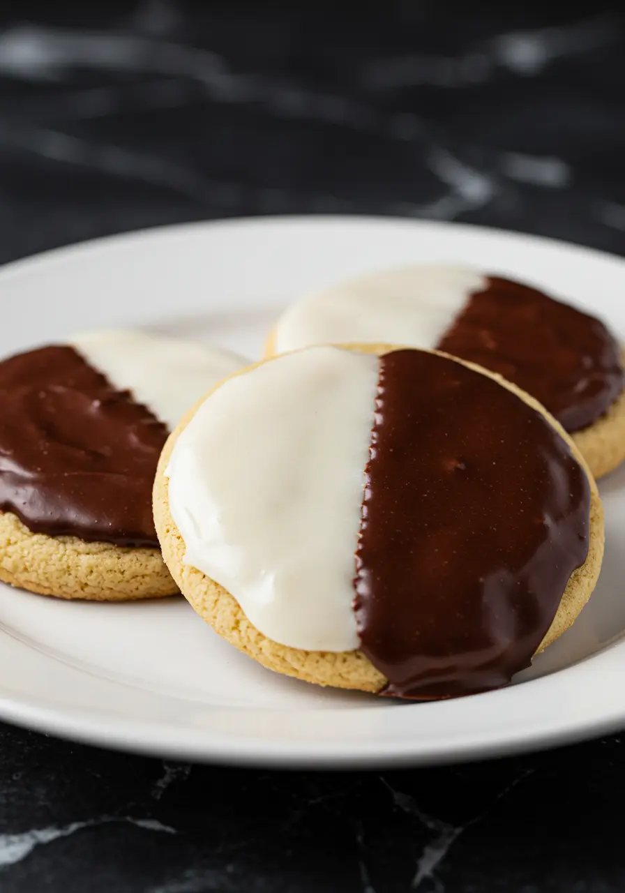 Black and white cookies are placed on a white plate against a dark marble surface.