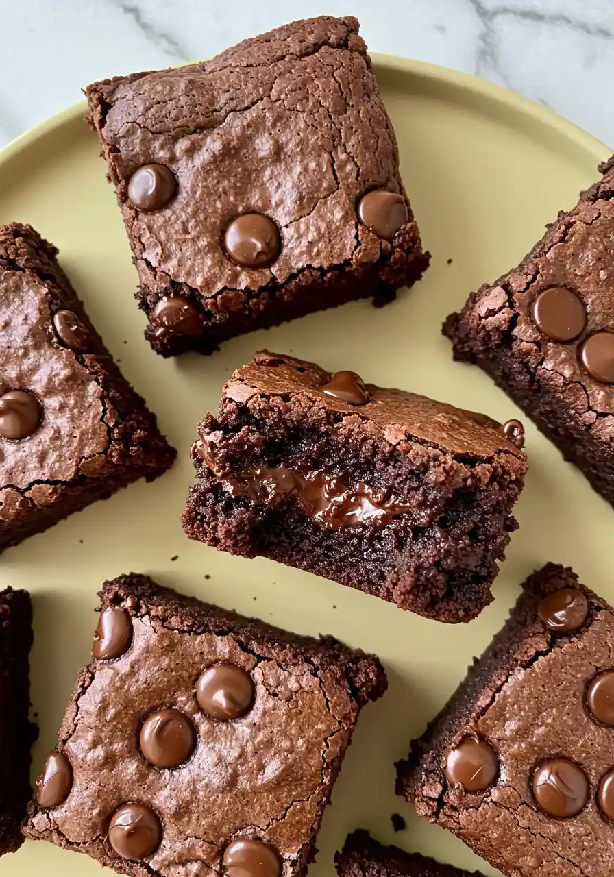 Black bean brownies on a light-yellow plate against a white marble surface.