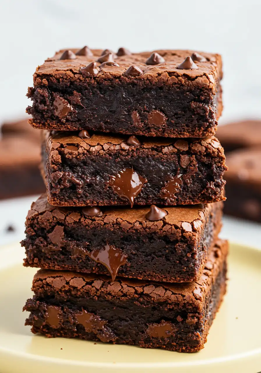 Stack of black bean brownies on a light-yellow plate.