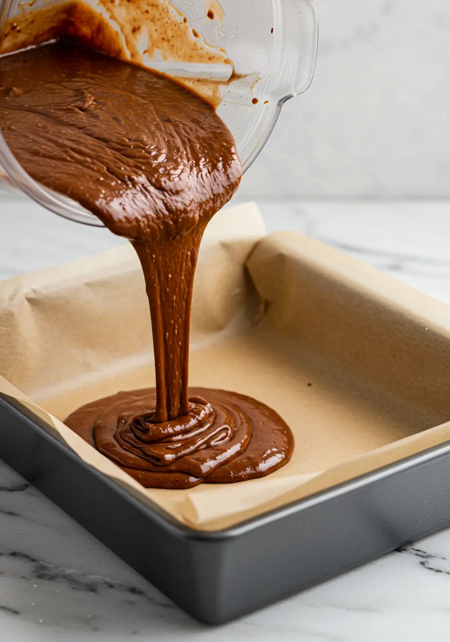 Black bean brownie batter being poured from the blender into the lined pan.