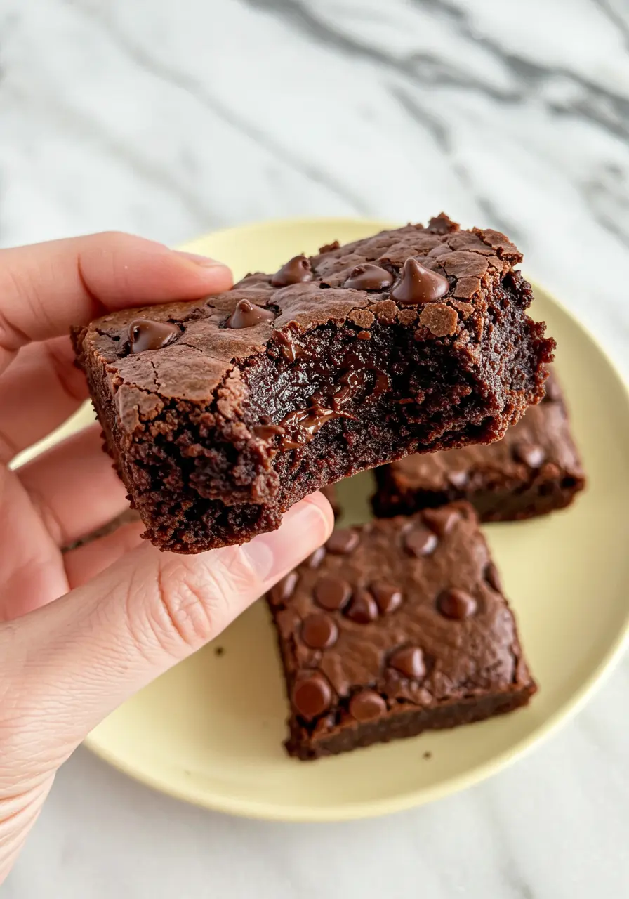 A hand holding one black bean brownie with a bite taken out of it.
