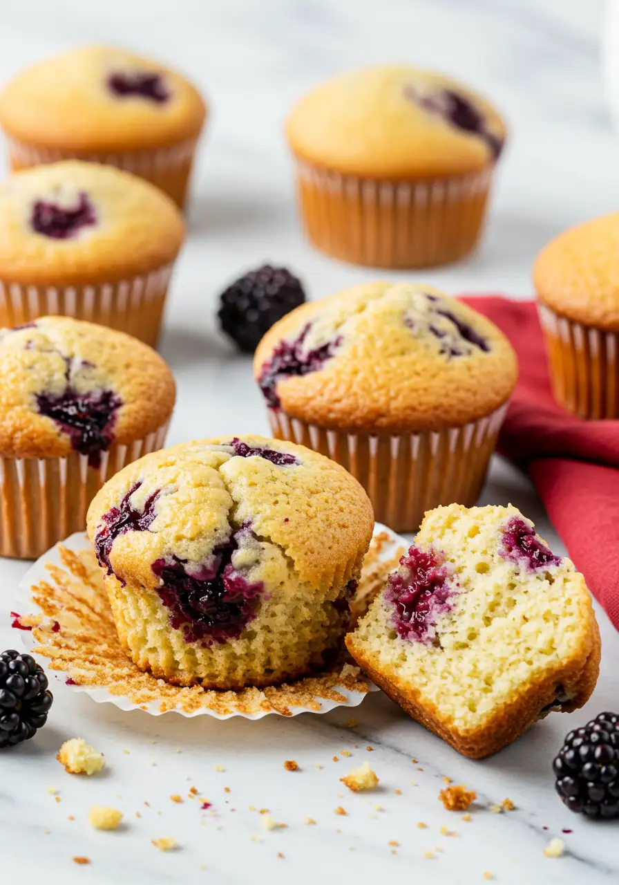 Blackberry muffins on a white marble surface and a few fresh blackberries around.