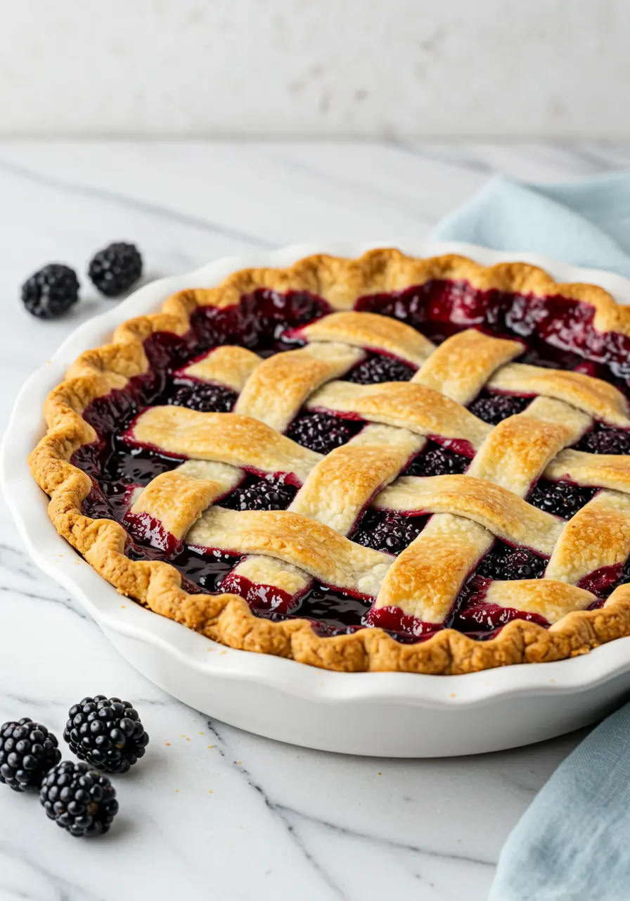 Blackberry pie in a white dish.