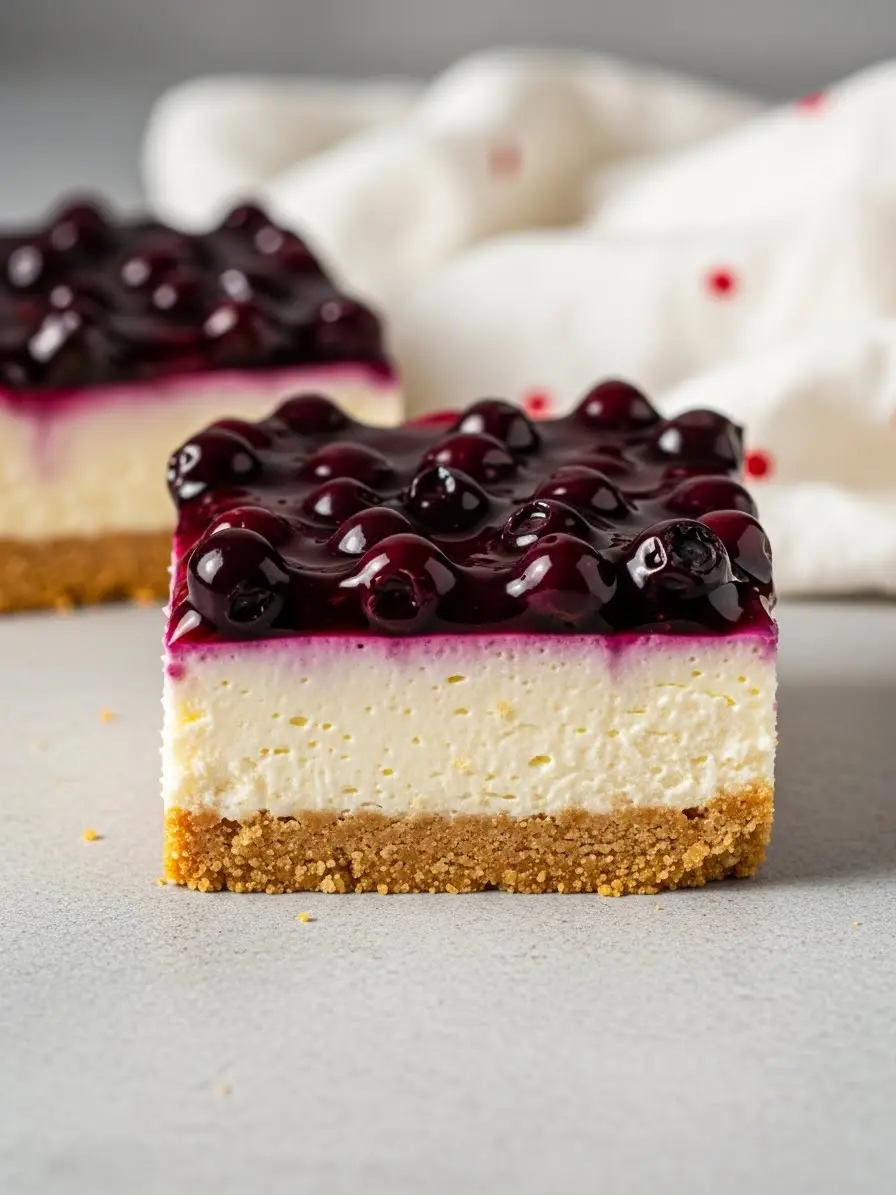 Two blueberry cheesecake bars and a white napkin beside them.