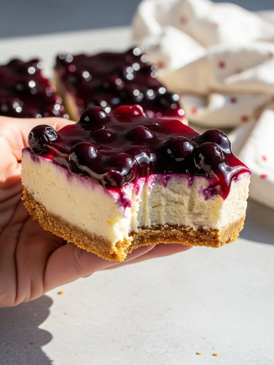 A hand holding a blueberry cheesecake bar with a bite missing.