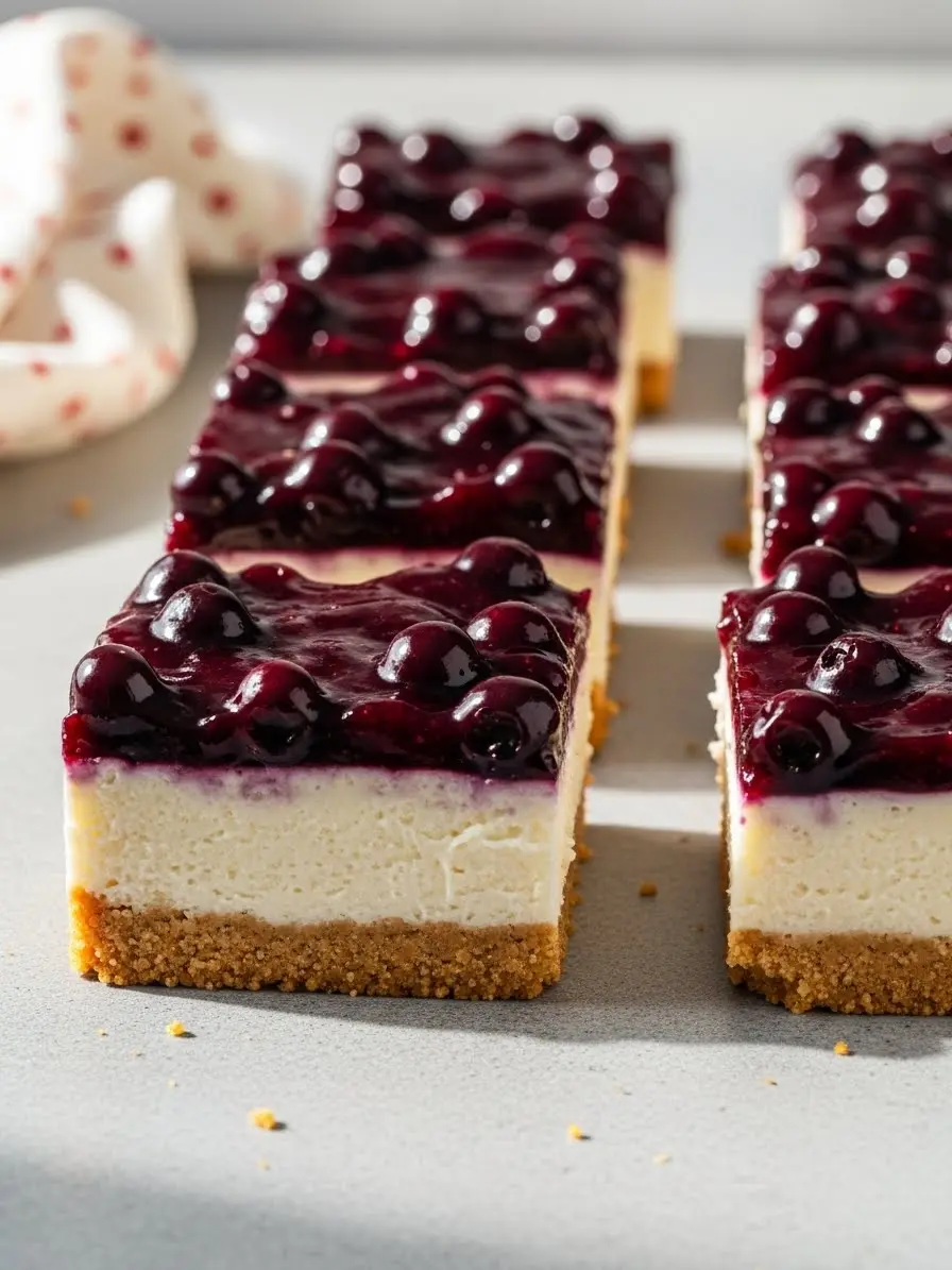 Delicious blueberry cheesecake bars on a gray surface.