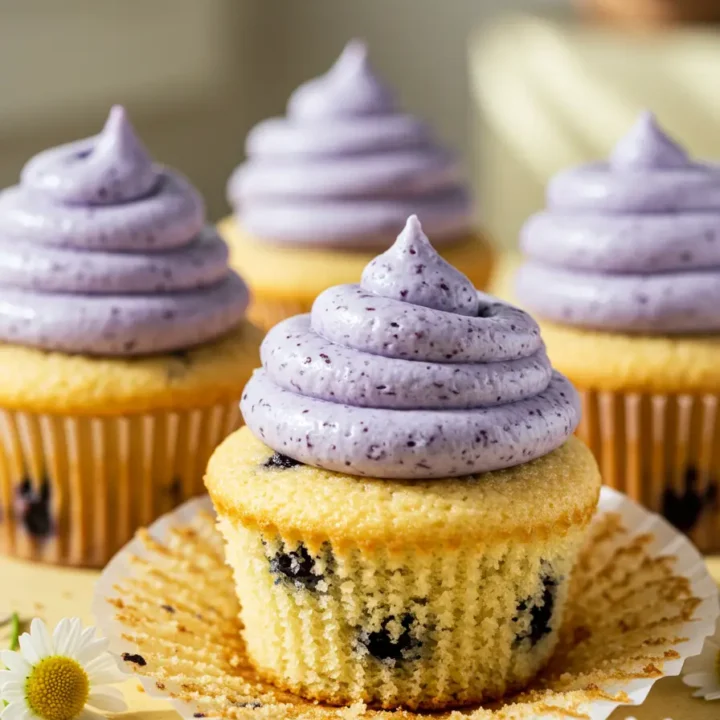 Blueberry Cupcakes on a light-yellow surface and a few Marguerite flowers scattered around.