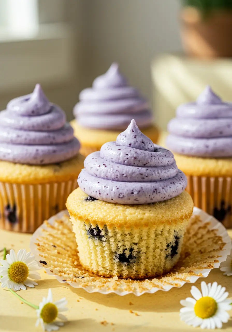 Blueberry Cupcakes on a light-yellow surface and a few Marguerite flowers scattered around.