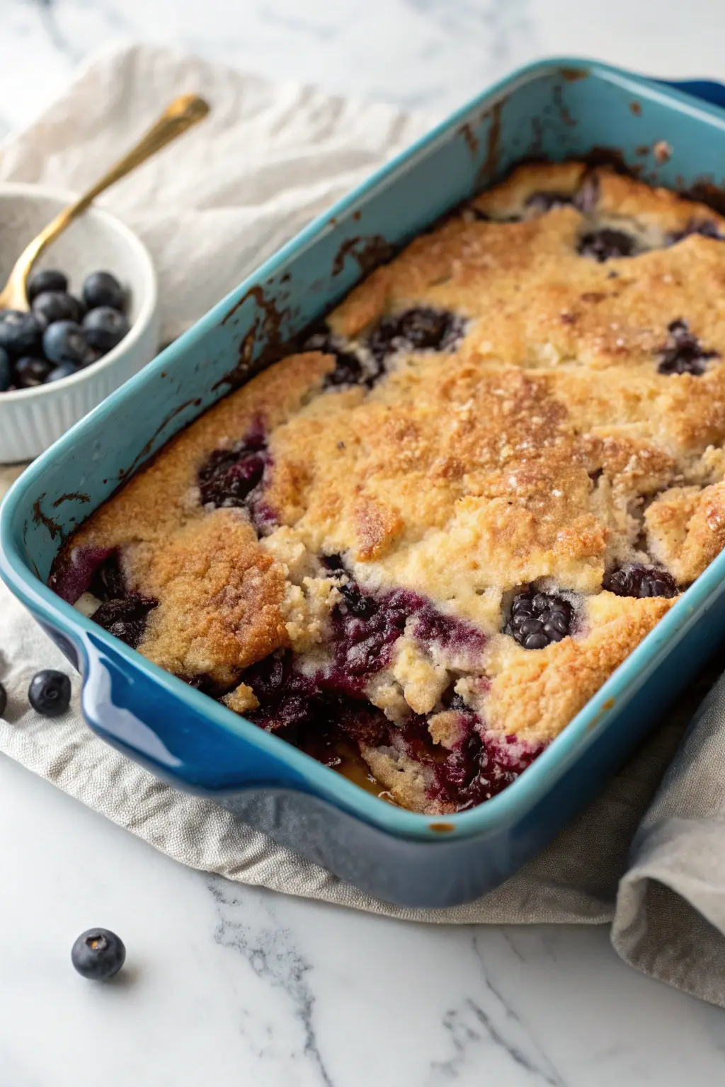 Blueberry Dump Cake on a blue baking dish.