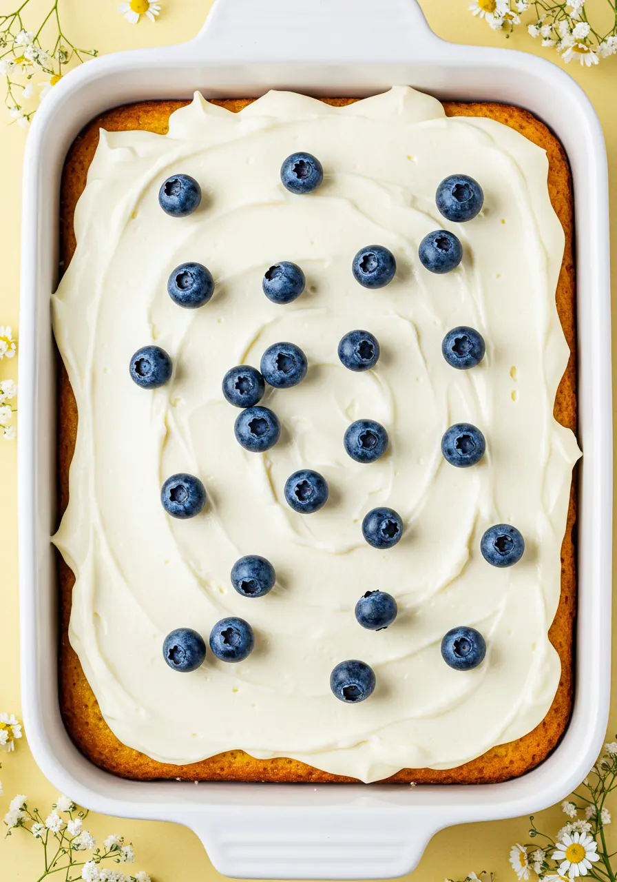 Blueberry lemon cake on a white baking pan against a light-yellow surface.