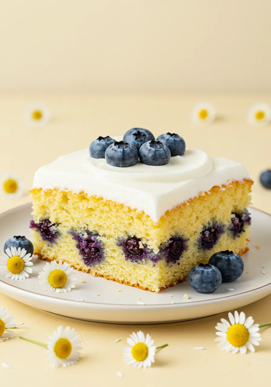 A slice of blueberry lemon cake on a white plate and some Marguerite's around.