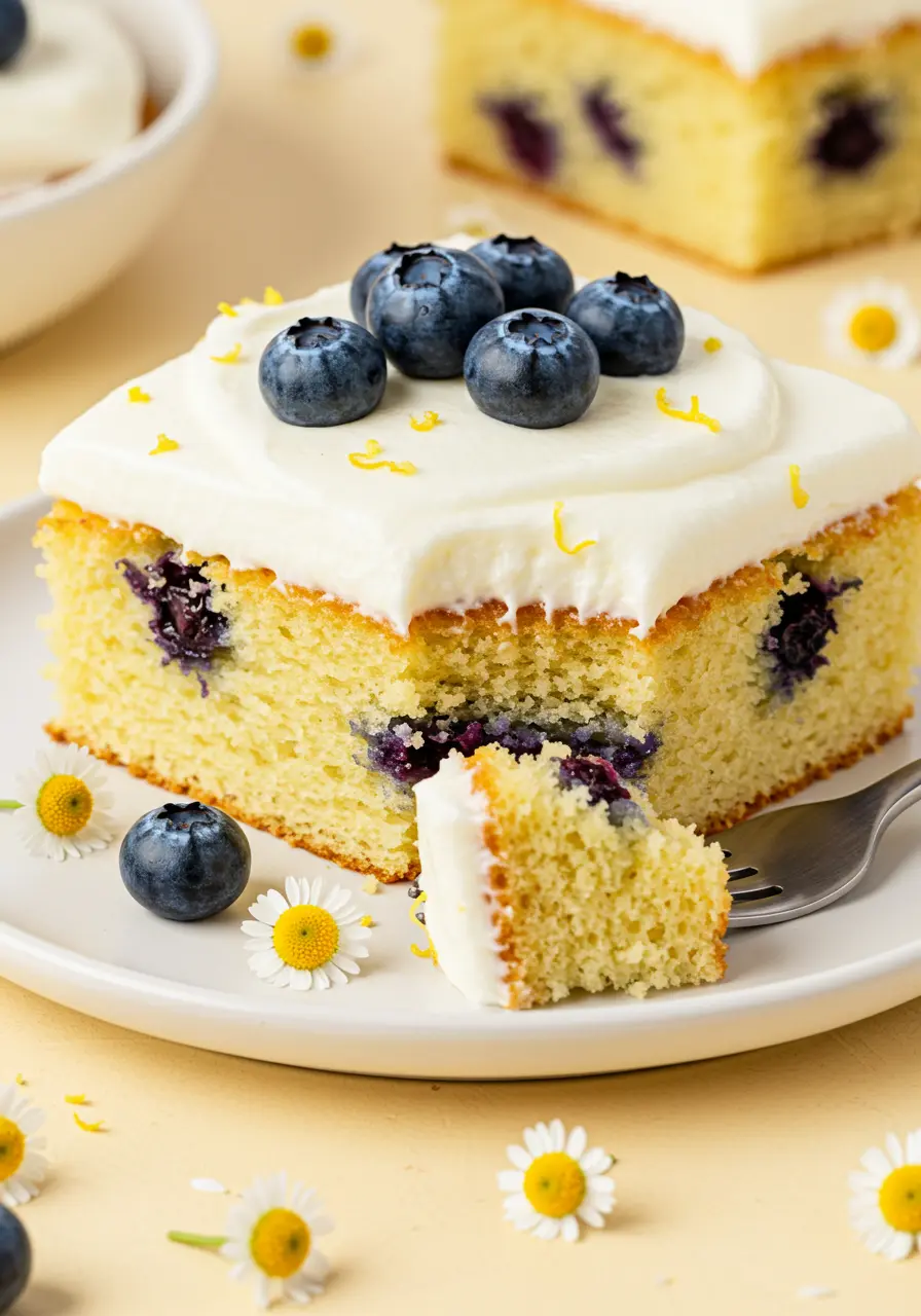 A slice of blueberry lemon cake on a white plate with a forkful bite removed.