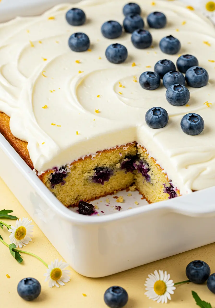 Blueberry lemon cake on a white baking pan against a light-yellow surface with a slice missing.