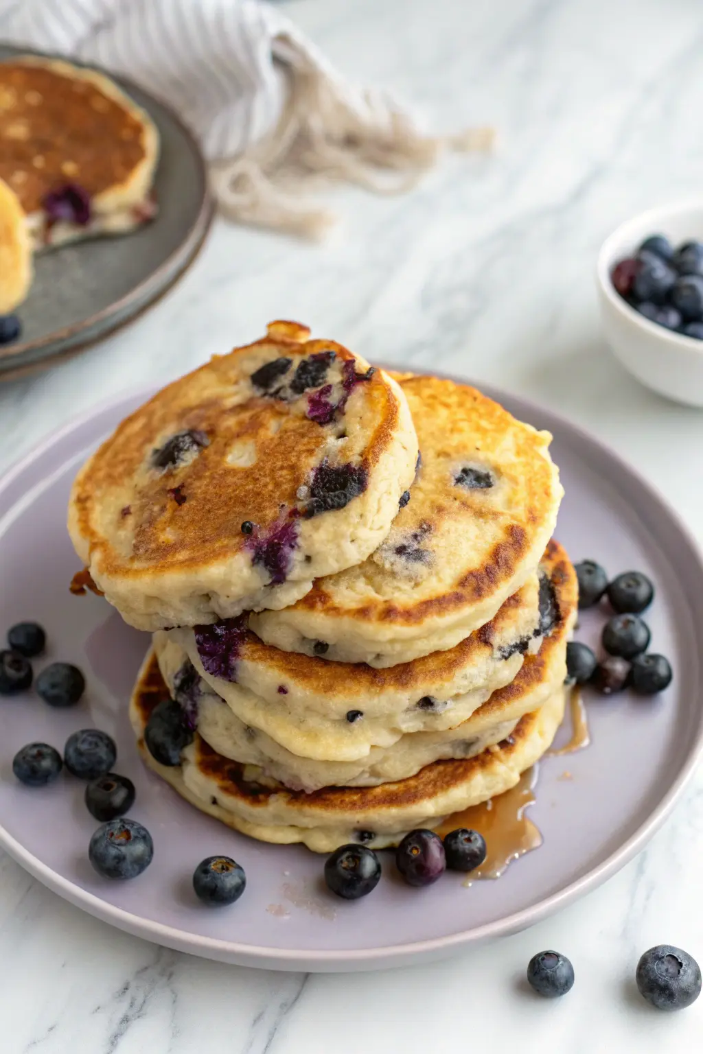 Blueberry pancakes on a light purple plate with some fresh blueberries around.
