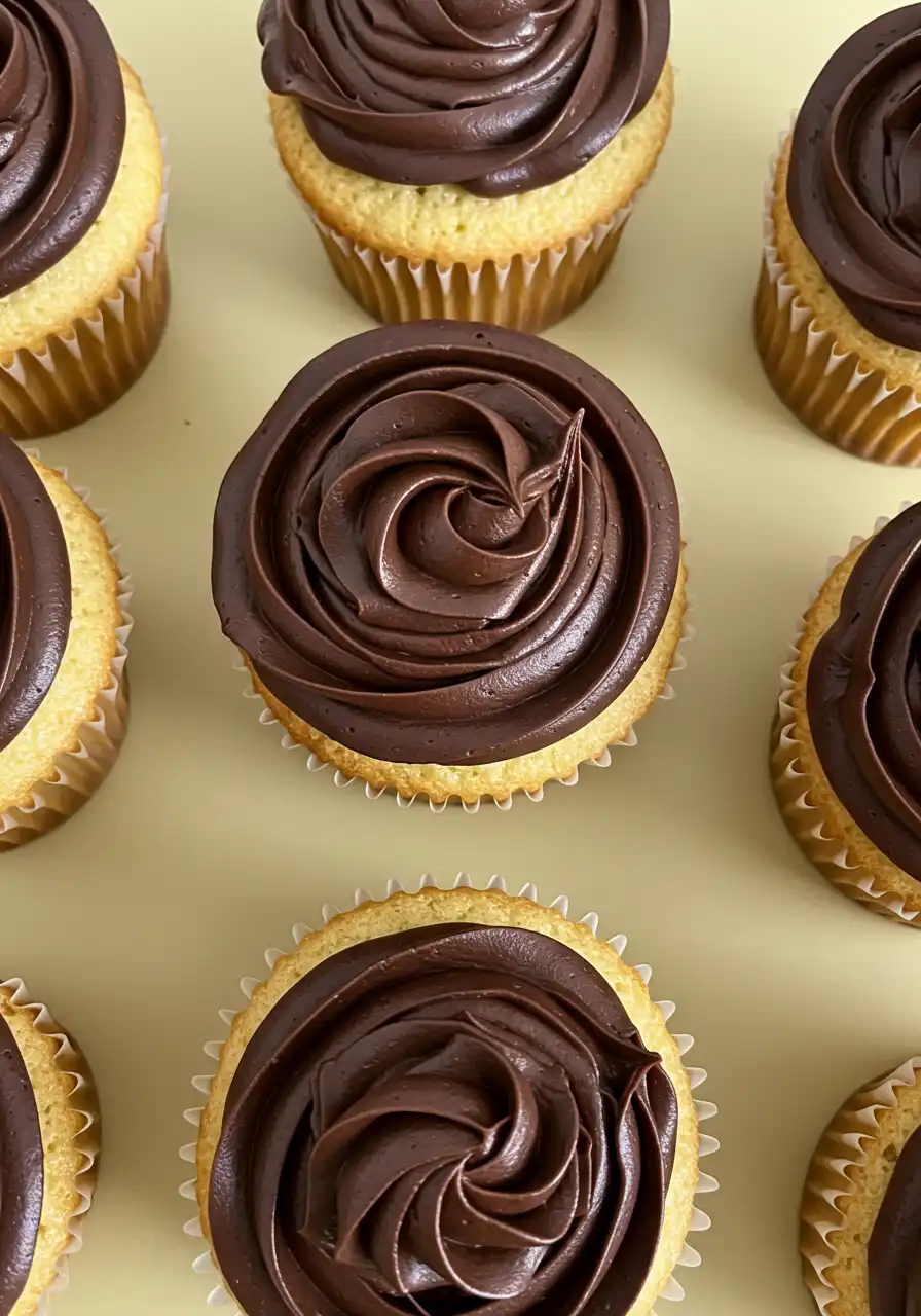 Boston cream cupcakes placed on a light-yellow surface.