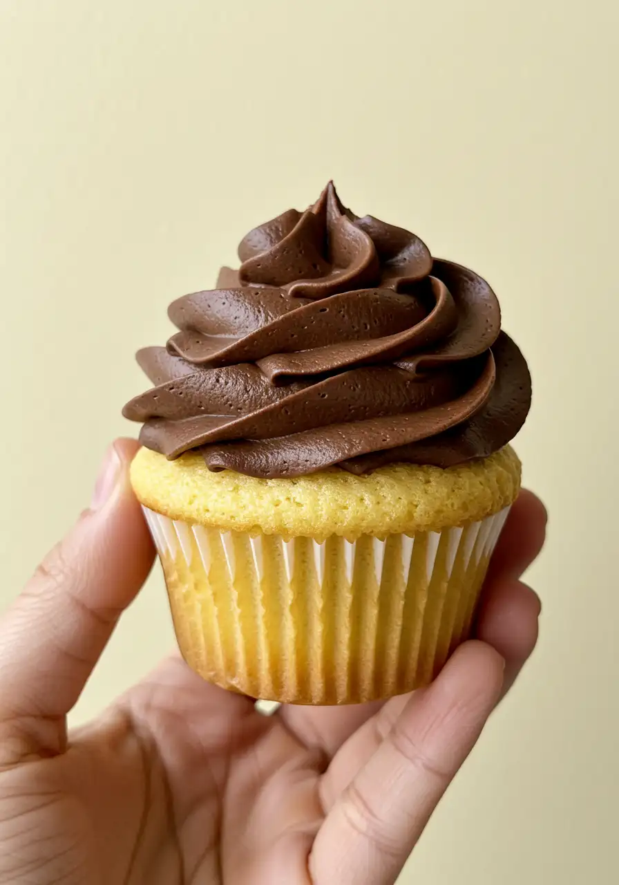 A hand holding a Boston cream cupcake.