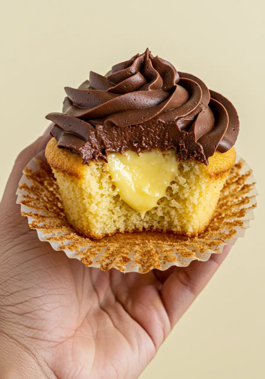 A hand holding a Boston cream cupcake with a bite taken out of it.