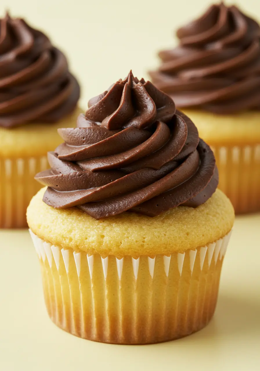 Three Boston cream cupcakes placed on a light-yellow surface.