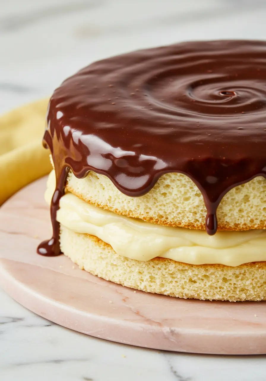 Boston cream pie on a light pink marble plate against a white marble surface.