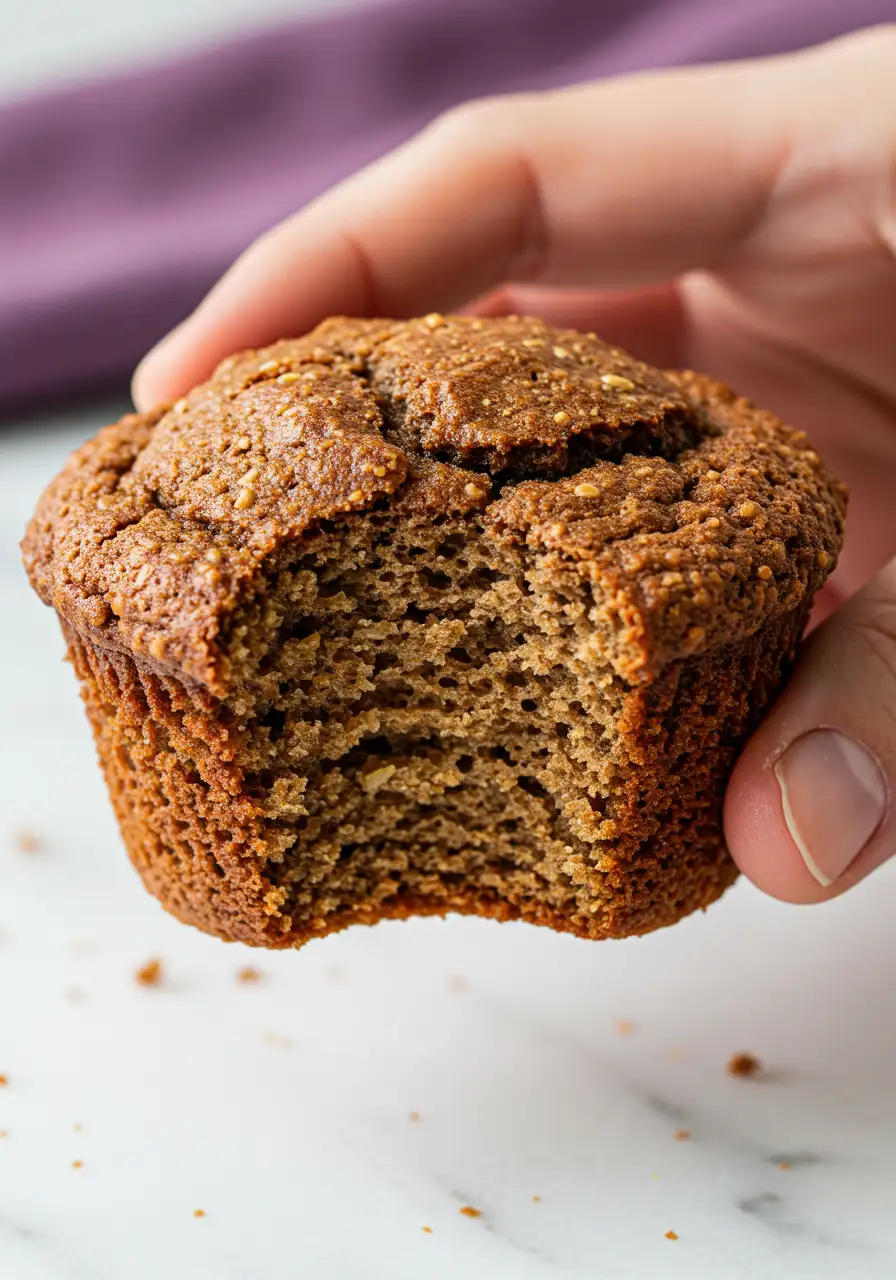 A hand holding a Bran muffin with a bite taken out of it.