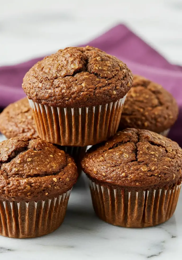 Bran muffins on a white marble surface and a purple napkin next to them.