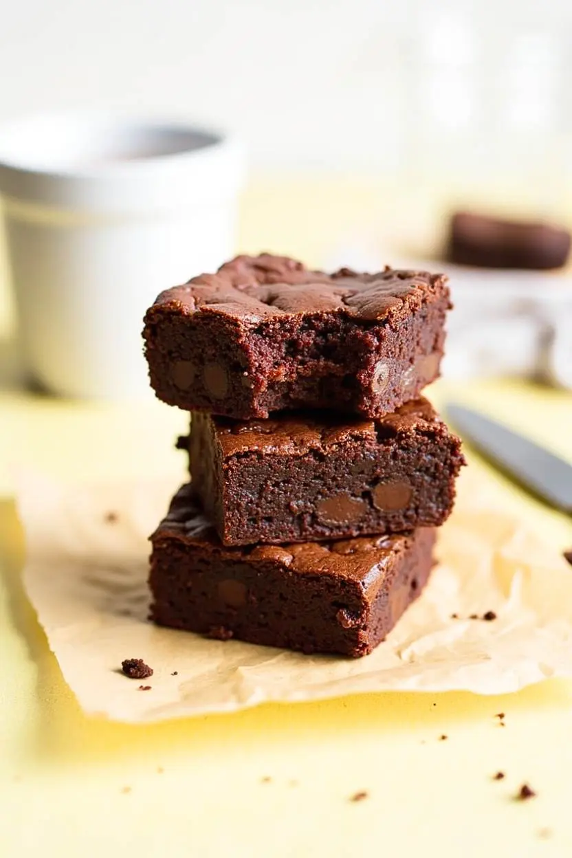 Stack of Two Brown Butter Brownies arranged on parchment paper against a light yellow background.