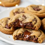 Brown butter chocolate chip cookies on a white plate.