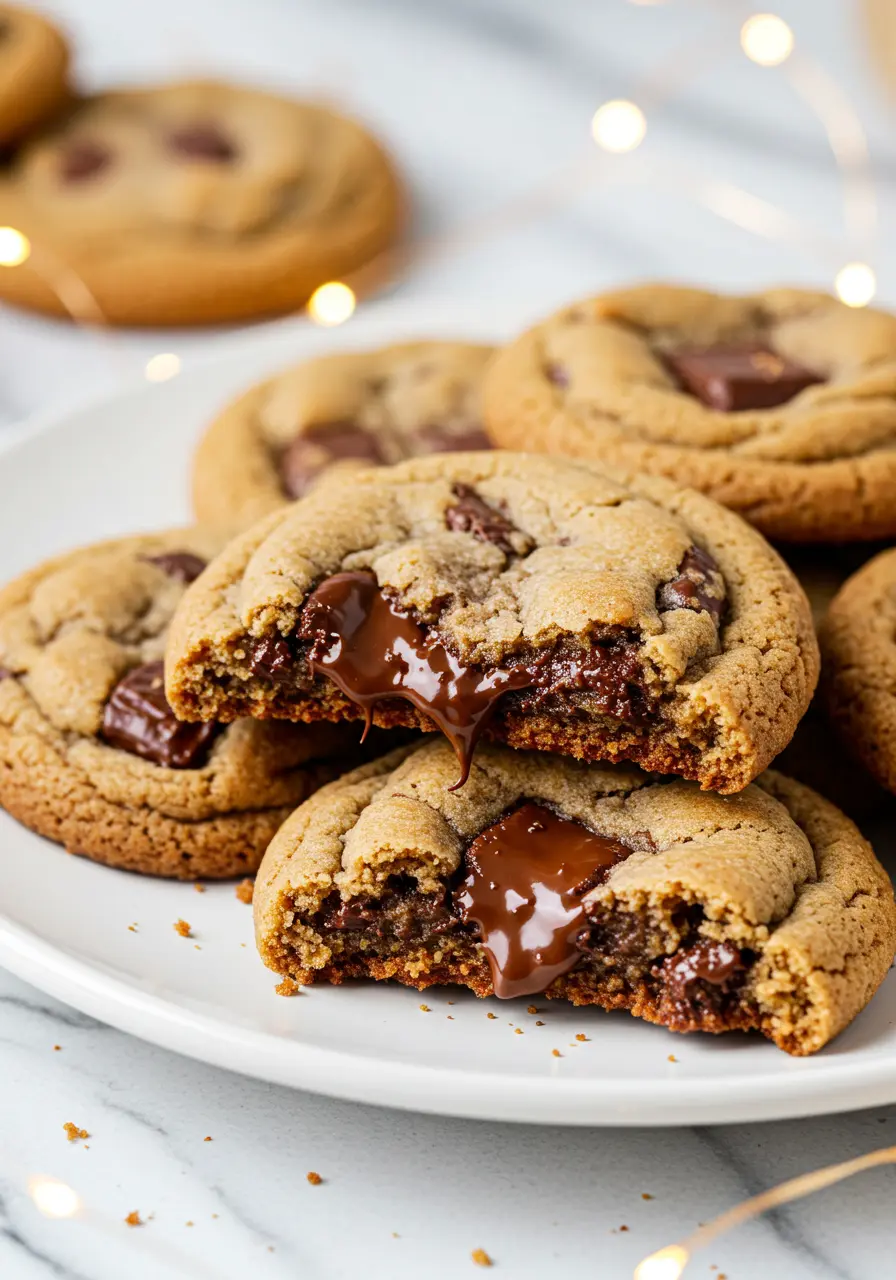 Brown butter chocolate chip cookies on a white plate.