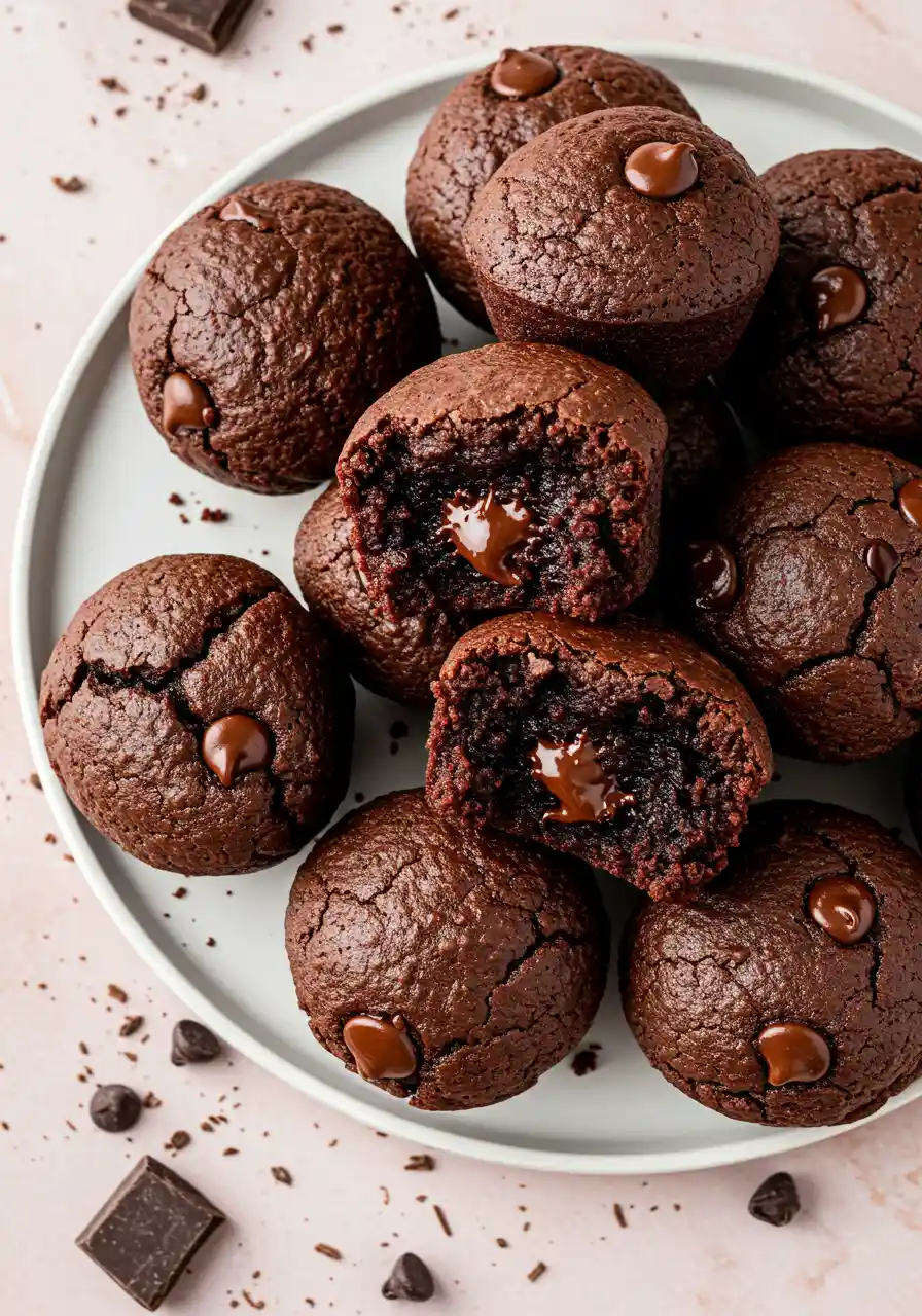 Brownie bites on a white plate with two brownies split in half.