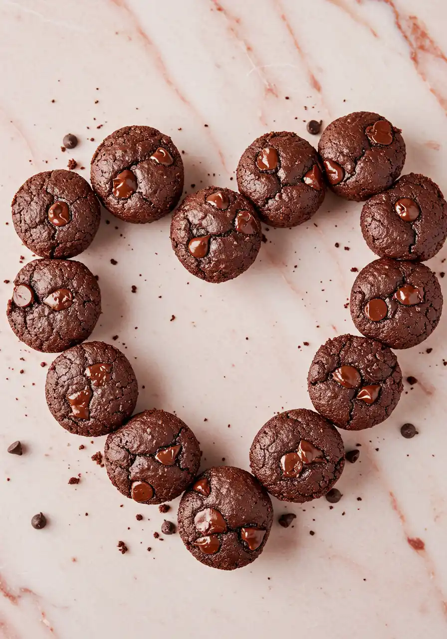 Brownie bites arranged in a perfect heart shape directly on a light pink surface.