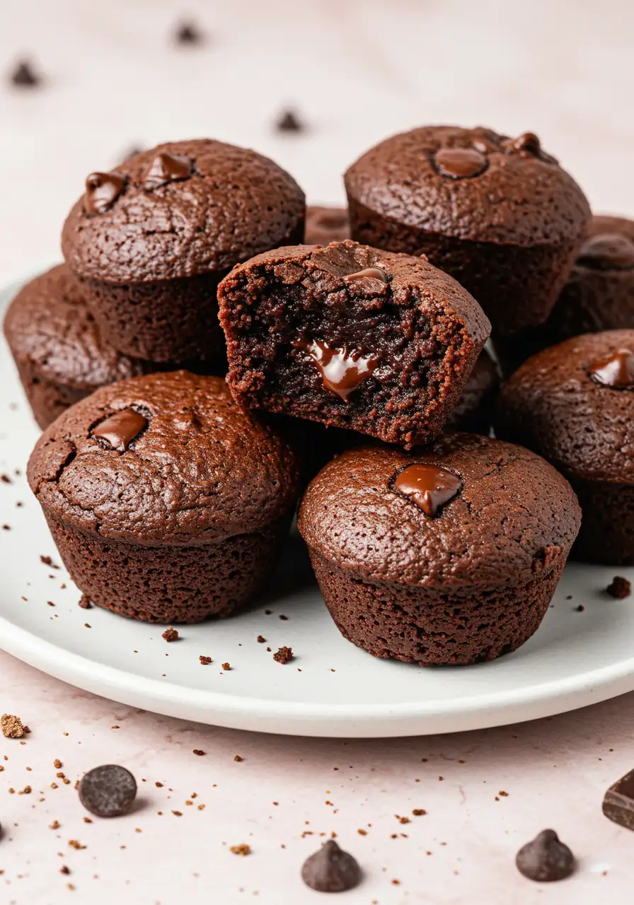 Brownie bites on a white plate against a light pink surface.