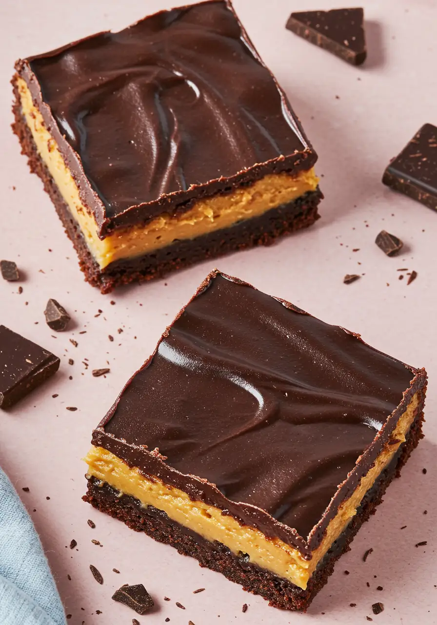 Buckeye brownies on a light pink surface and a few chopped chocolate around.