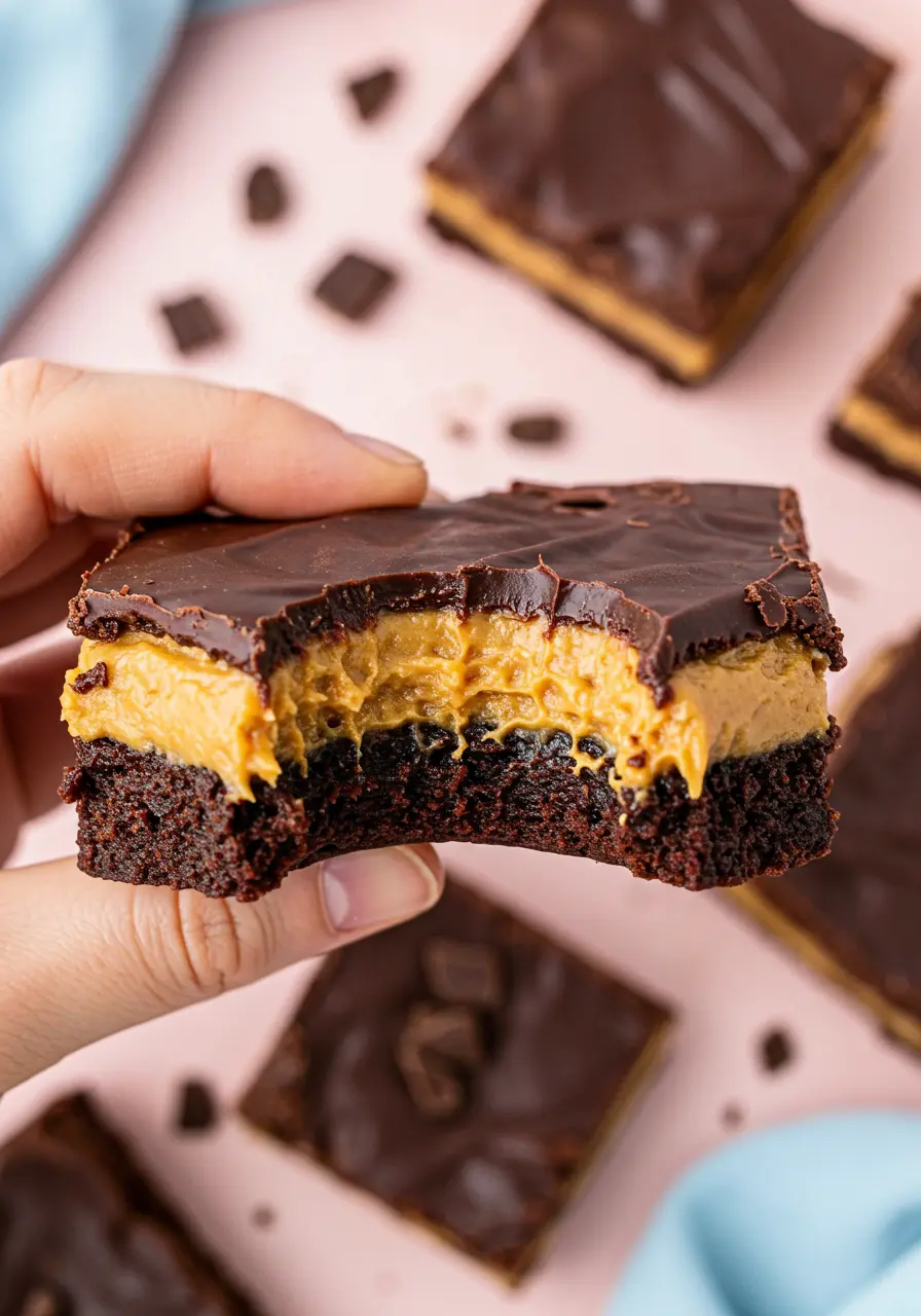 A hand holding a Buckeye brownie with a bite taken out of it.