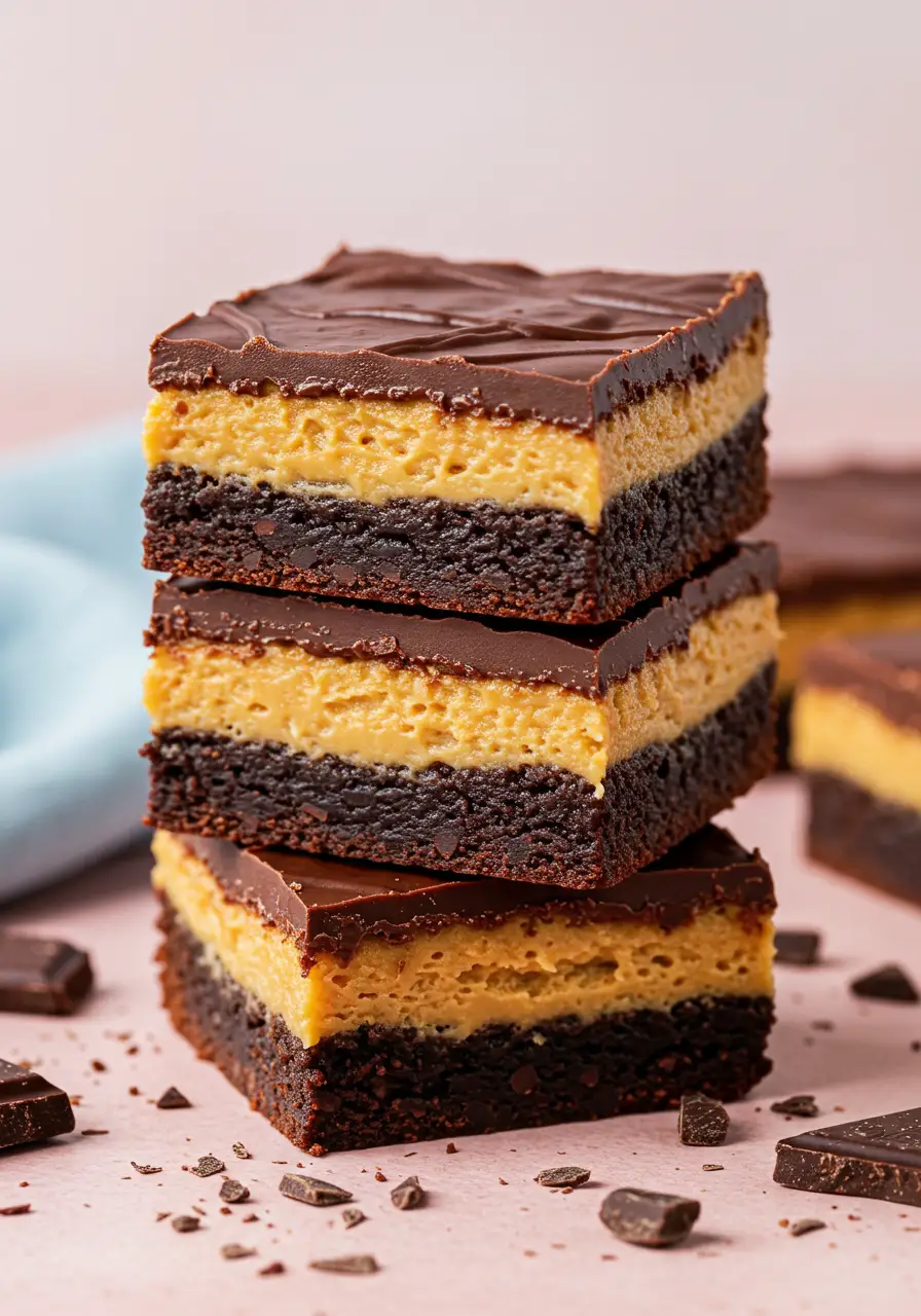 A stack of three Buckeye brownies on a light pink surface.