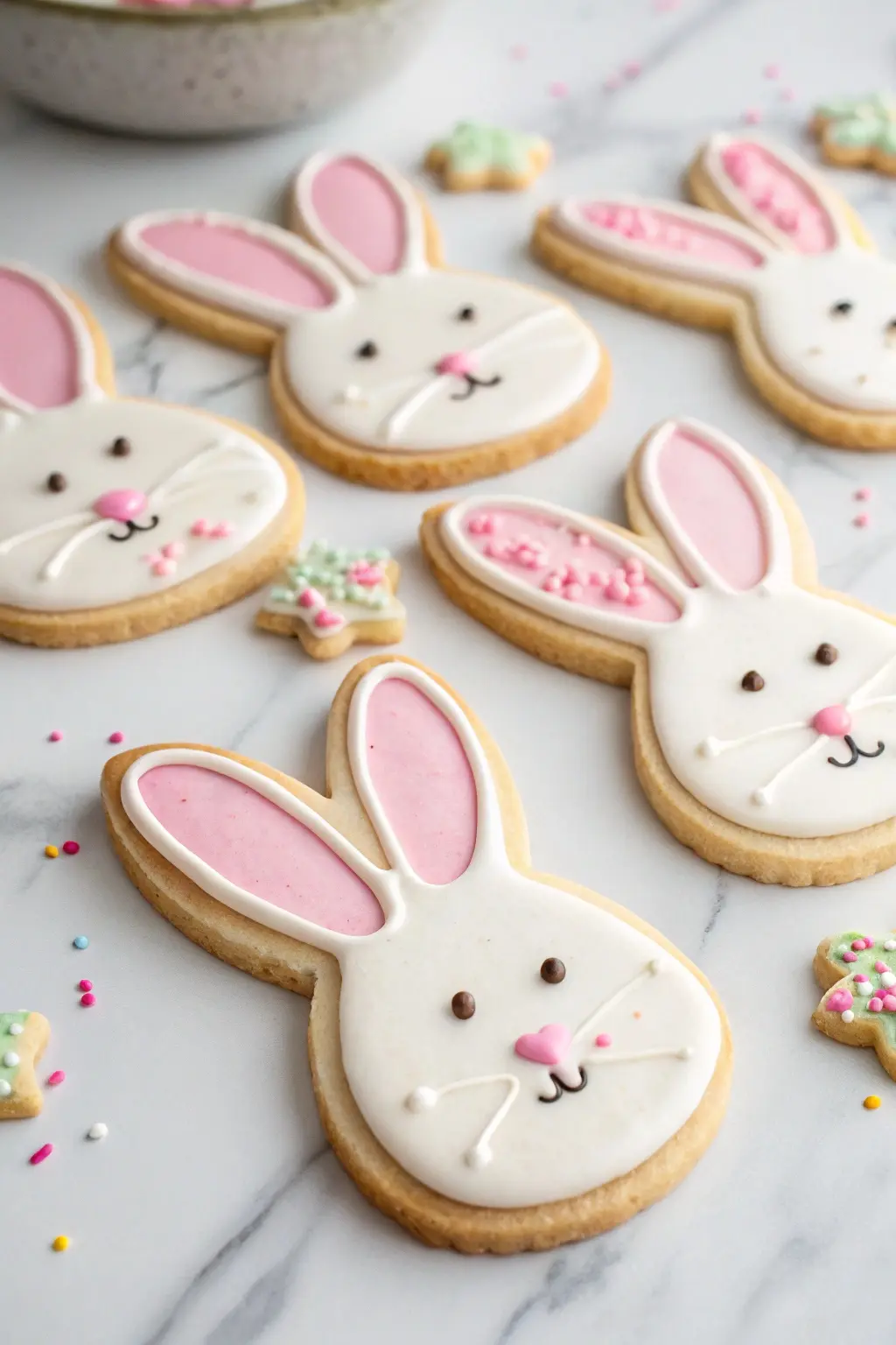 Bunny Ears Easter Sugar Cookies placed on a white marble surface.
