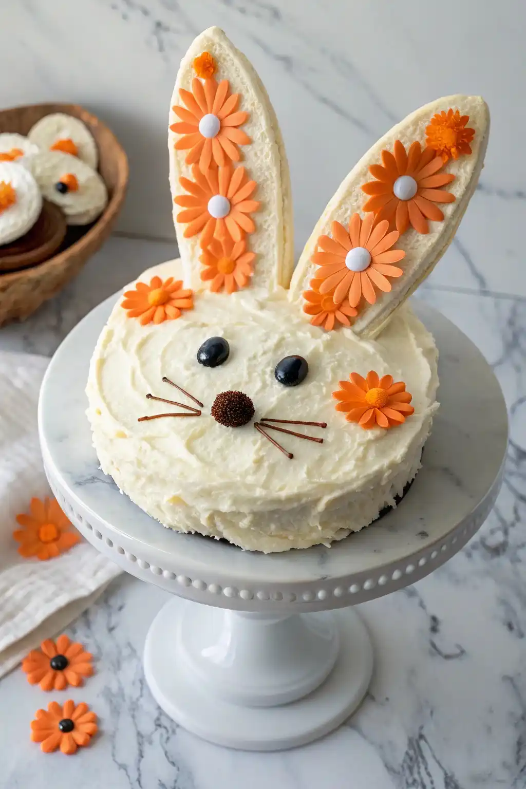 Bunny-Shaped Carrot Cake decorated with edible flowers and placed on a white cake stand.