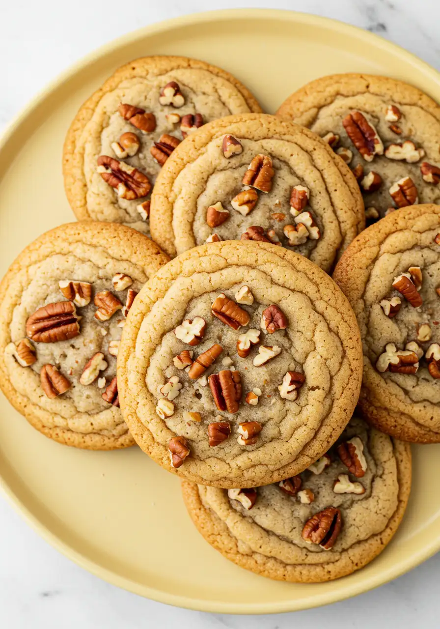 Butter pecan cookies placed on a light-yellow plate.