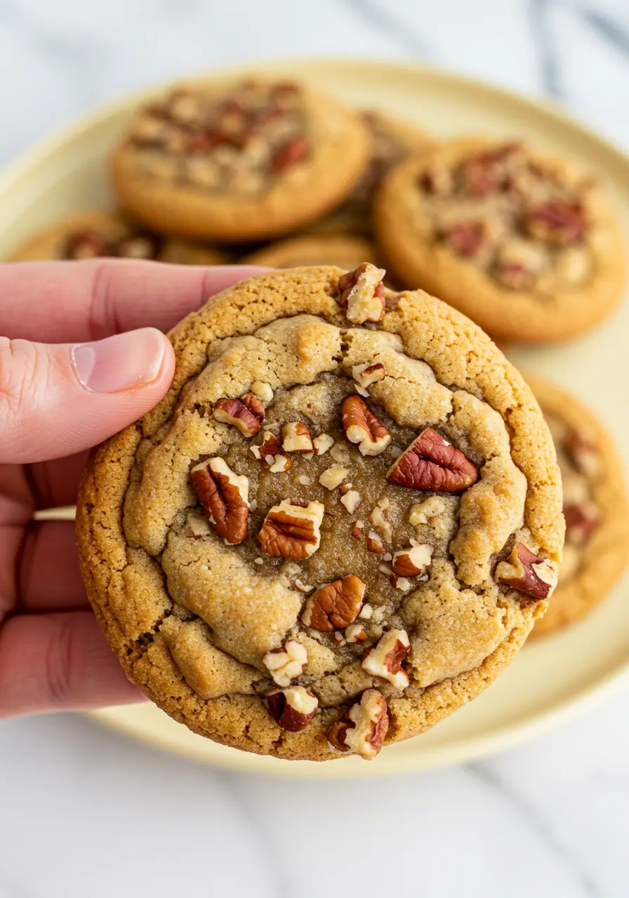 A hand holding one butter pecan cookie.