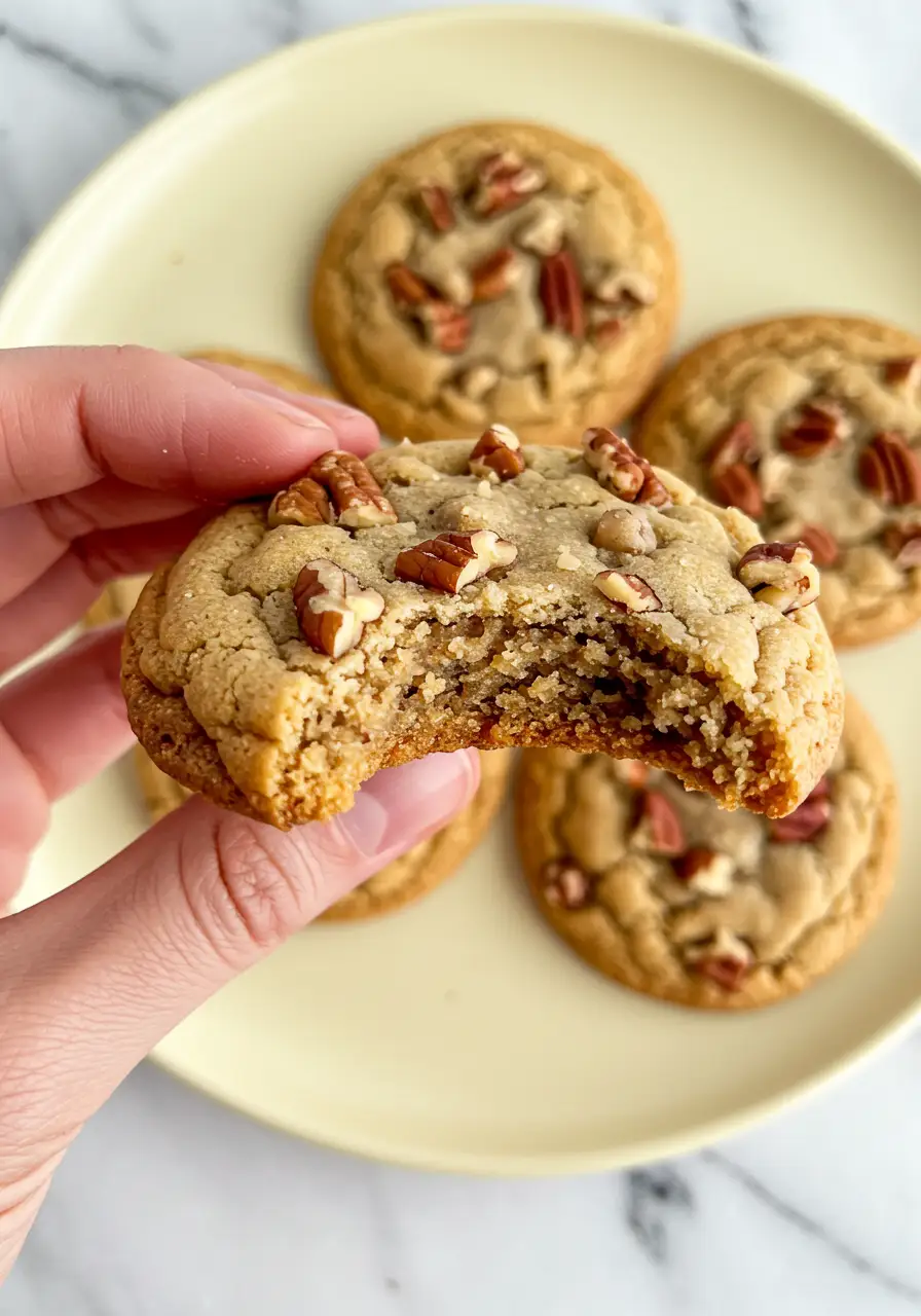 A hand holding one butter pecan cookie with a bite taken out of it.
