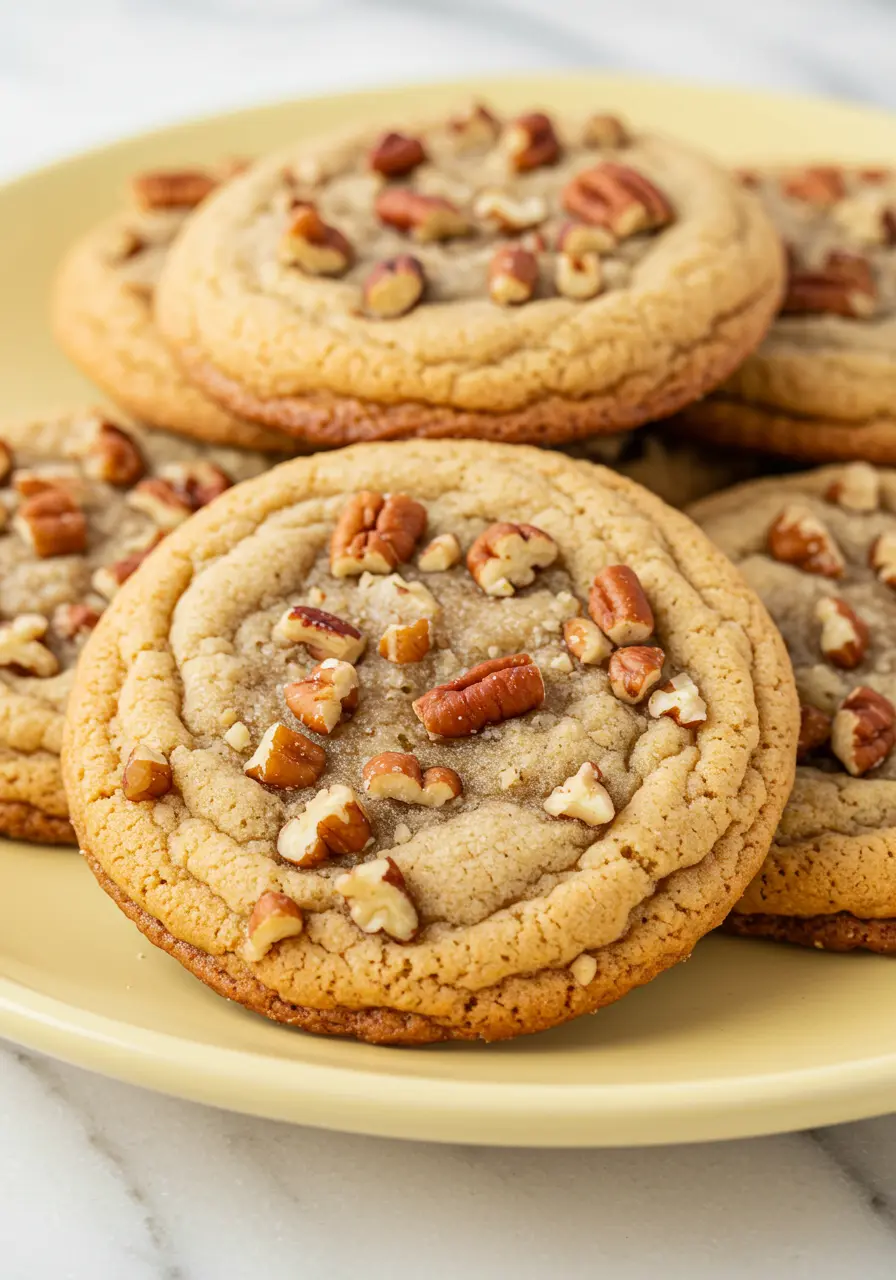 Butter pecan cookies placed on a light-yellow plate against a white marble surface.