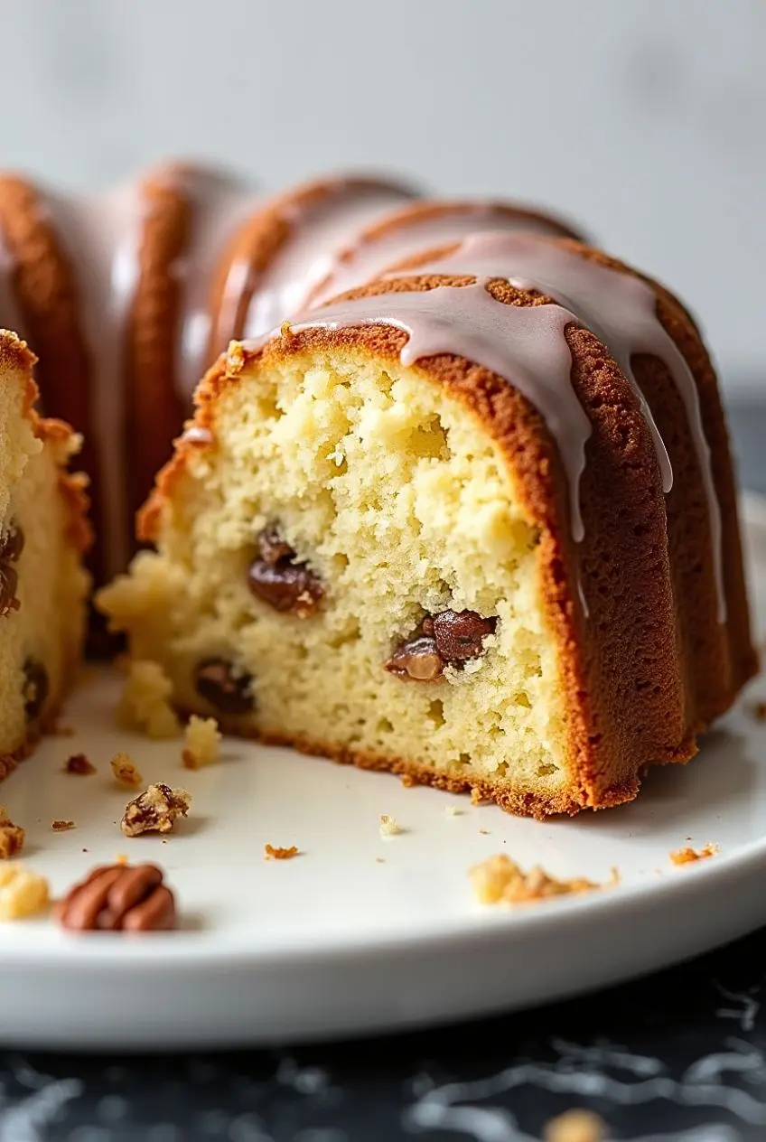 Butter Pecan Pound Cake placed on a white plate and drizzled with Butter Pecan Glaze.
