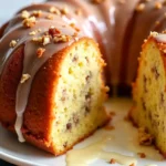 Butter Pecan Pound Cake on a white plate against dark marble surface