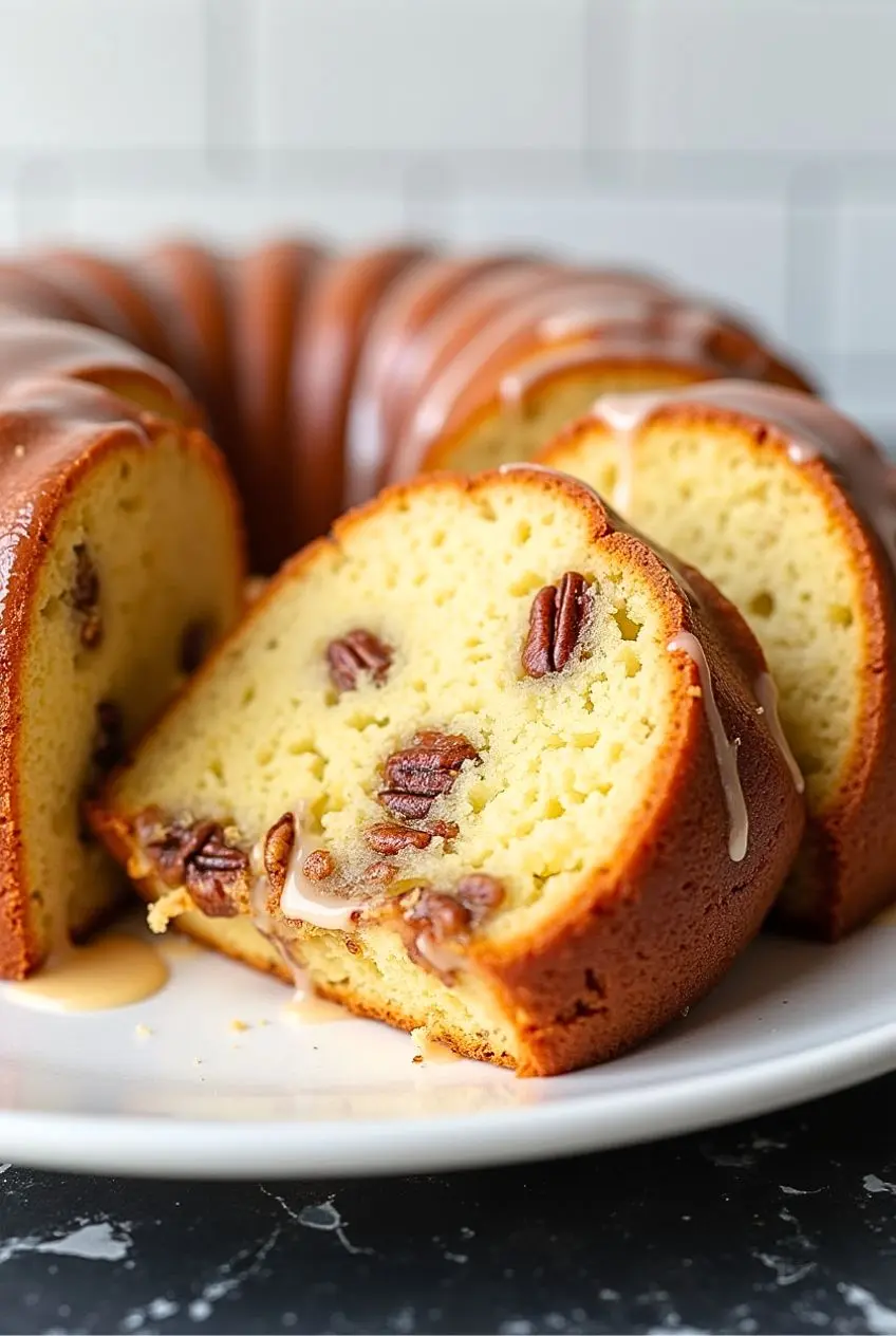 Butter Pecan Pound Cake cut into slices with Butter Pecan Glaze over the top.