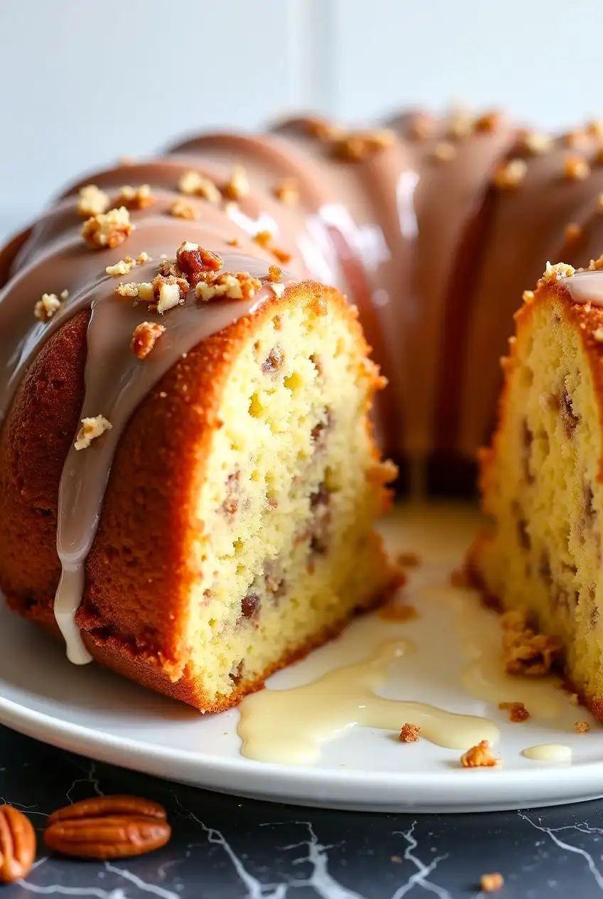 Butter Pecan Pound Cake on a white plate against dark marble surface