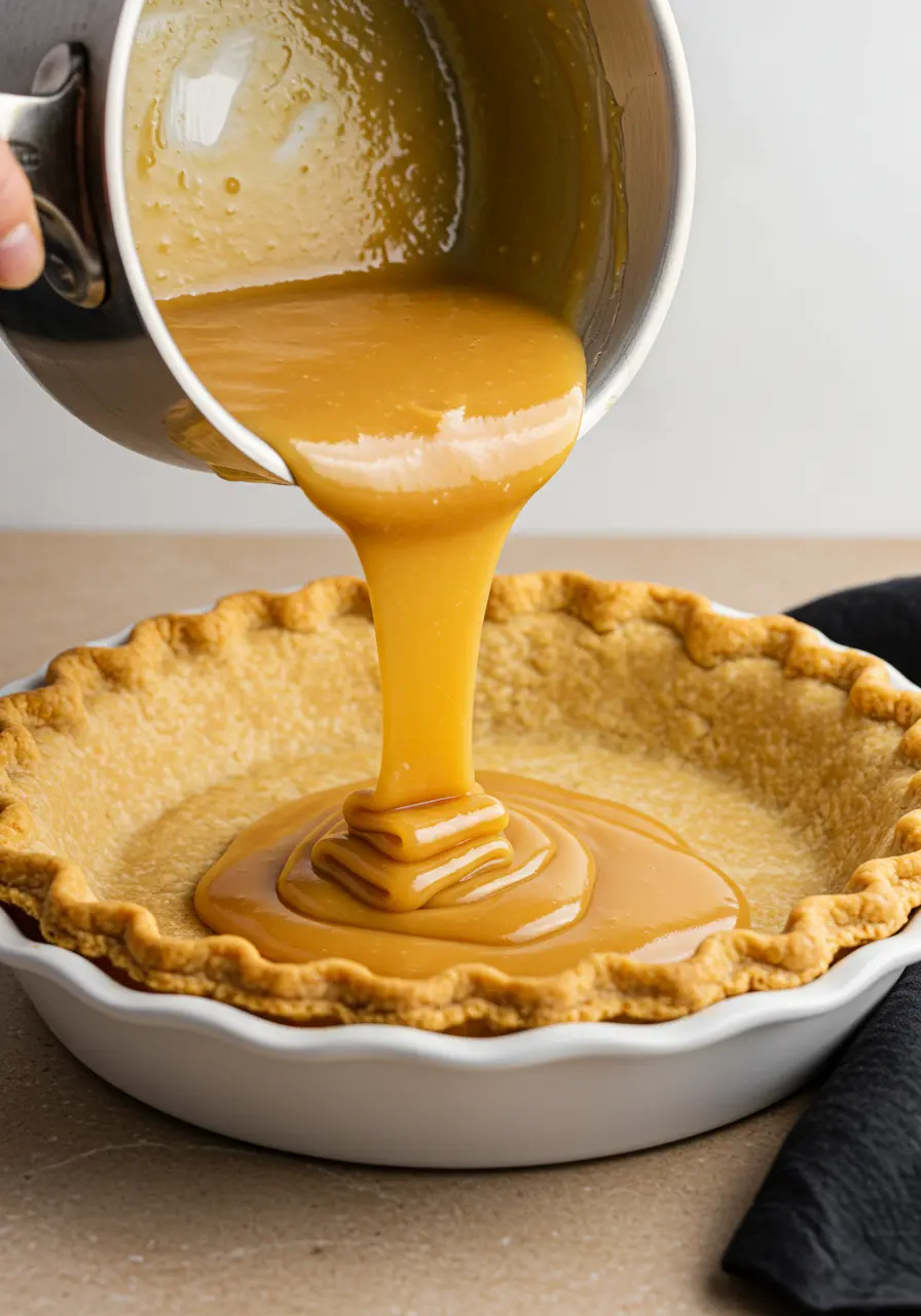 Butterscotch pie filling being poured on the crust.