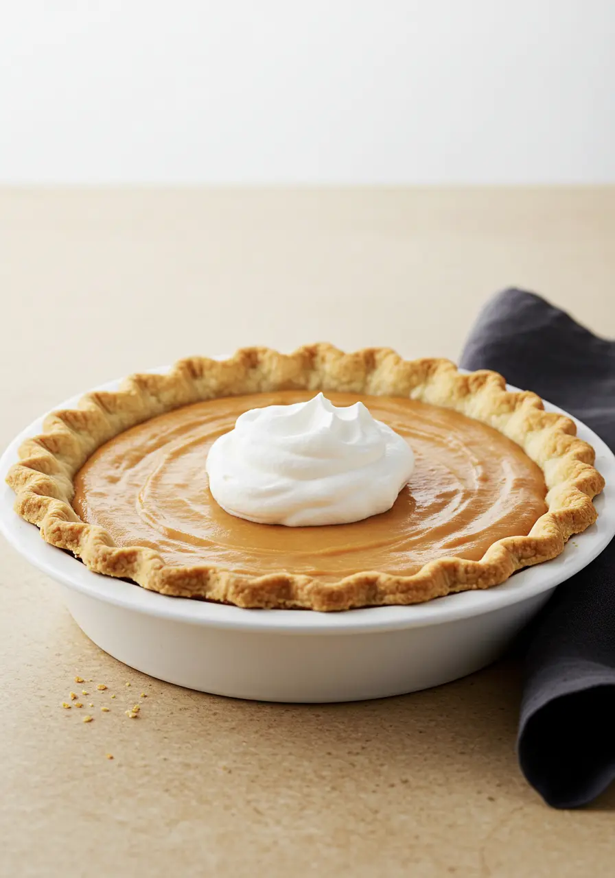 Butterscotch pie in a white pie dish.