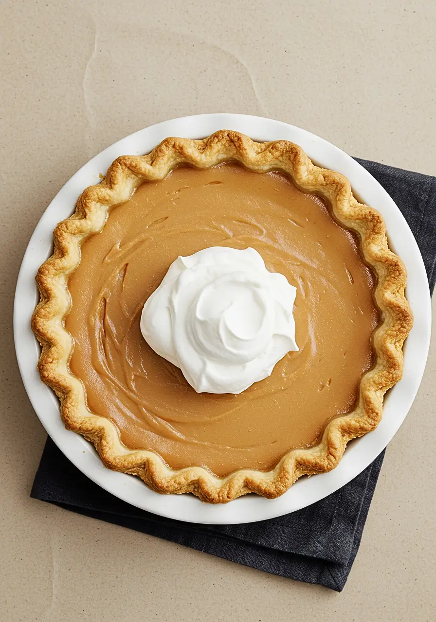 Butterscotch pie in a white pie dish topped with whipped cream.