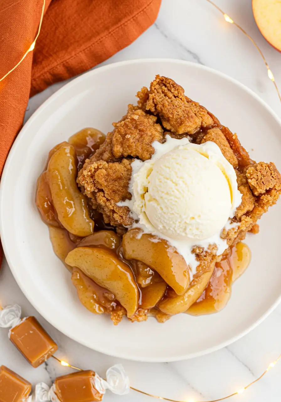 A slice of caramel apple dump cake on a white plate with a scoop of vanilla ice cream.